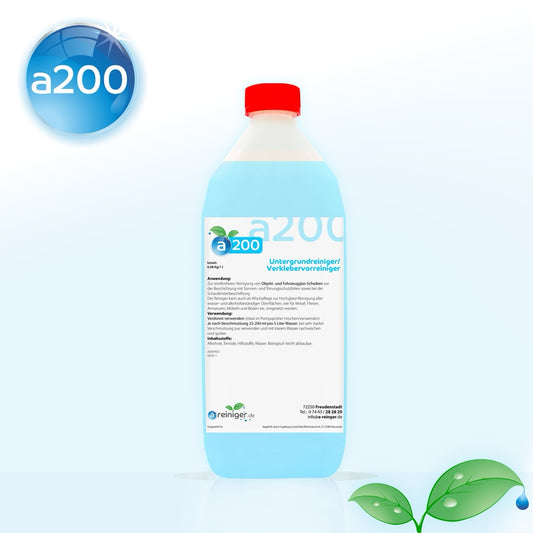 Auf dem Bild ist das Produkt - Glas-Reiniger a200 reinigt Glas und glatte Oberflächen streifenfrei. Ideal für Folienbeschichtung, Hochglanzpflege von Metall, Fliesen, Möbel & Böden.