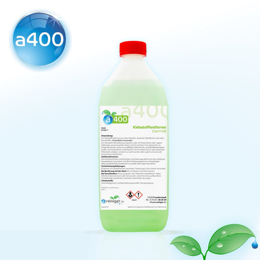 Auf dem Bild ist das Produkt. a400 Klebstoff-Entferner löst zuverlässig Klebereste von Metall, Lack, PVC & Kunststoffen. Universell einsetzbar, vor Anwendung Material prüfen.