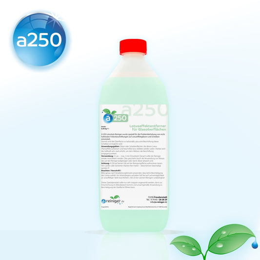 Auf dem Bild ist der Lotuseffekt-Entferner a250 erhöht die Haftkraft auf Lotuseffekt-Glas, damit Folienbeschriftungen zuverlässig haften. Ideal für Werbetechnik & Fahrzeuge.