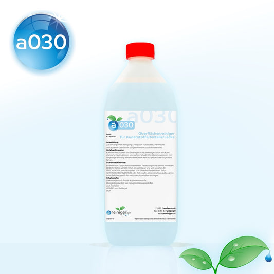 Auf dem Bild ist das Produkt - a030 Metall & Kunststoff Reiniger reinigt und pflegt Metalle, Plexiglas, Acryl & lackierte Oberflächen schonend. Universell einsetzbar in Werkstatt & Industrie.
