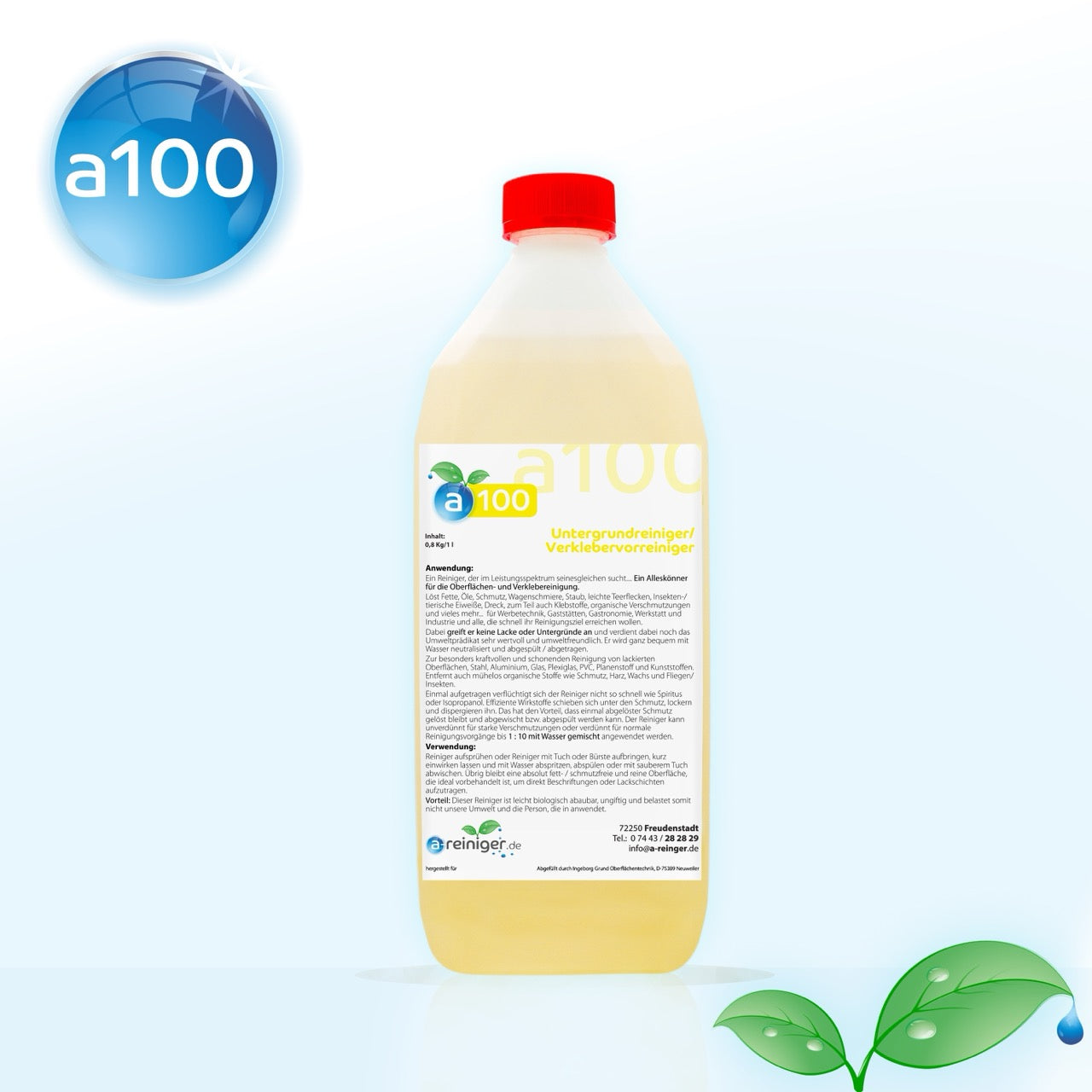 Auf dem Bild ist a100 Universalreiniger entfernt Fette, Öl, Teer & Schmutz von Metall, Glas, Kunststoff & lackierten Oberflächen. Biologisch abbaubar & umweltfreundlich.
