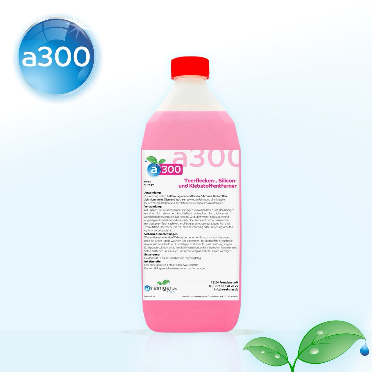 Es ist ein reiniger zu sehen. Produktname a-Reiniger a300. Er entfernert Silikonreste und Teerflecken von vielseitigen Untergründen.